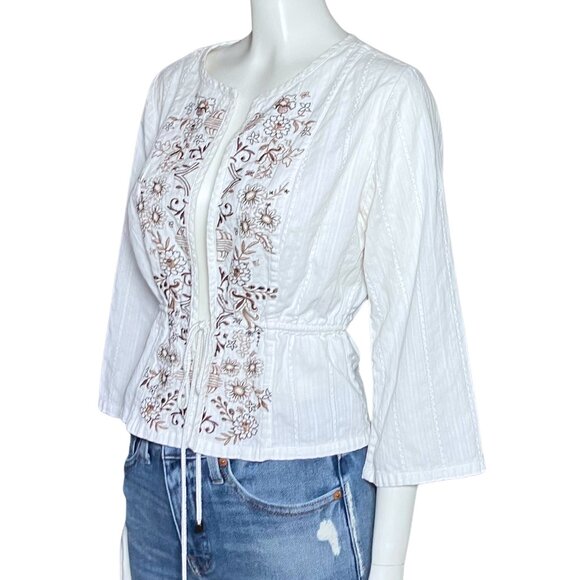 Y2K 100% Cotton White Boho Embroidered Tie Waist Peasant Top Cottagecore XS/S - Picture 2 of 9